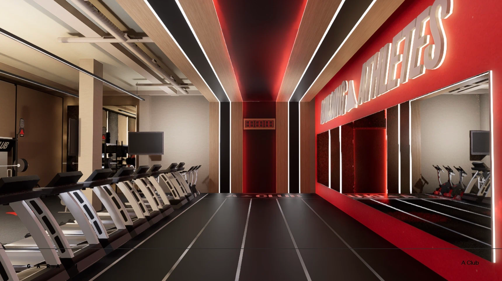 Rendering of A'CLUB's treadmill row in Miami, with red accent lighting and a mirrored wall