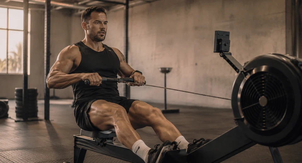 Athlete on a rowing machine in an industrial gym, training for the HYROX row station