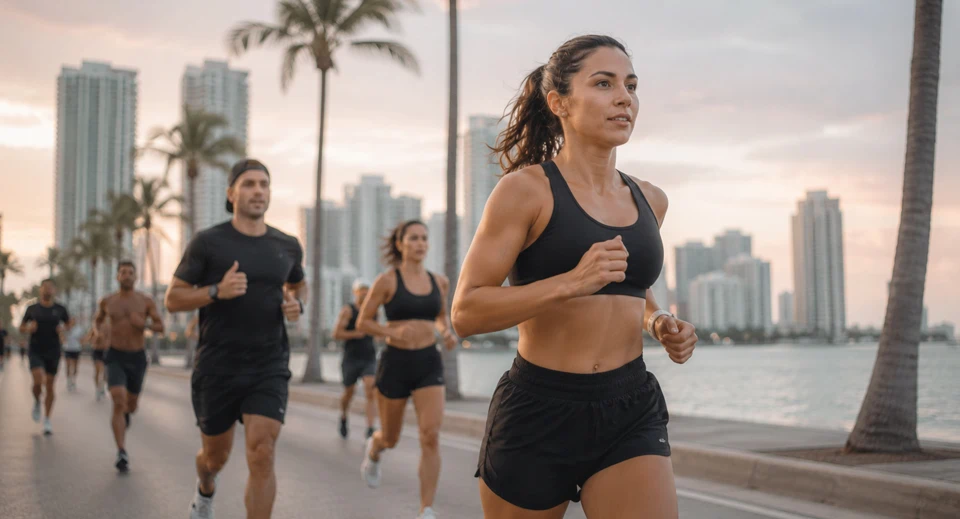 Group run along the Miami waterfront at sunset, with high-rises and palm trees