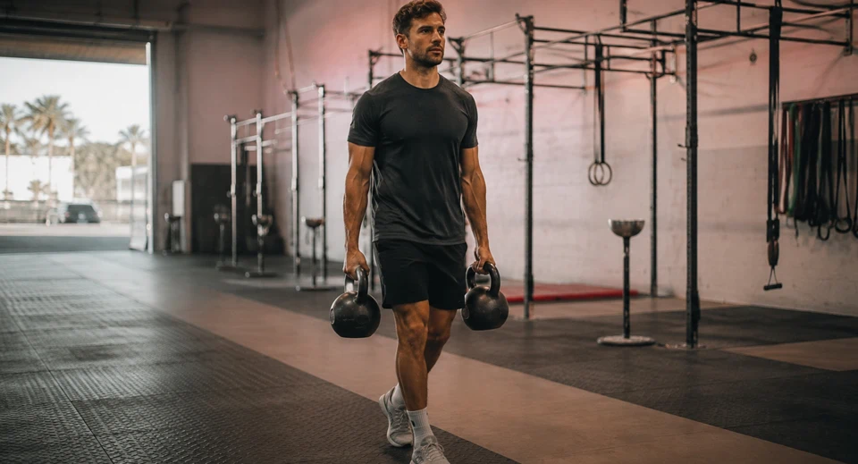 Athlete carrying two kettlebells across a functional training gym with open garage doors