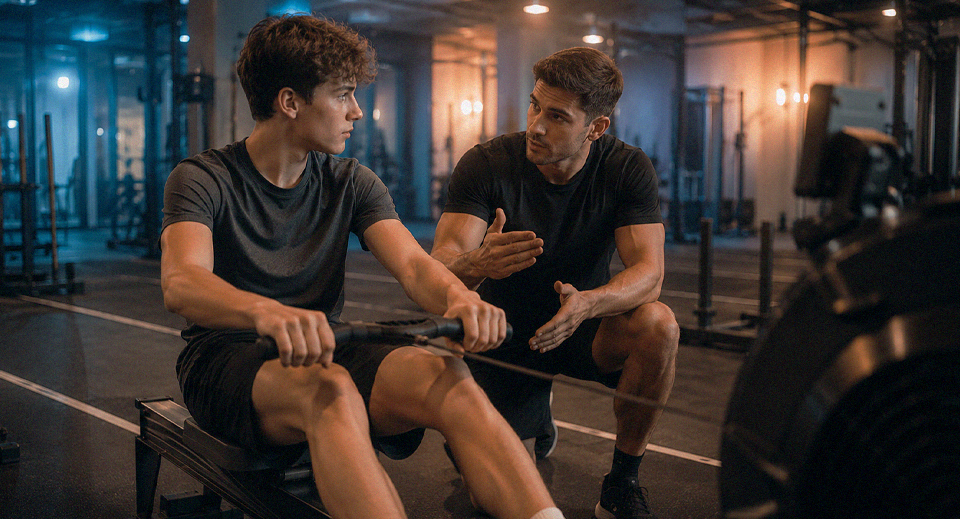 Coach giving rowing technique tips to a young beginner on a rowing machine
