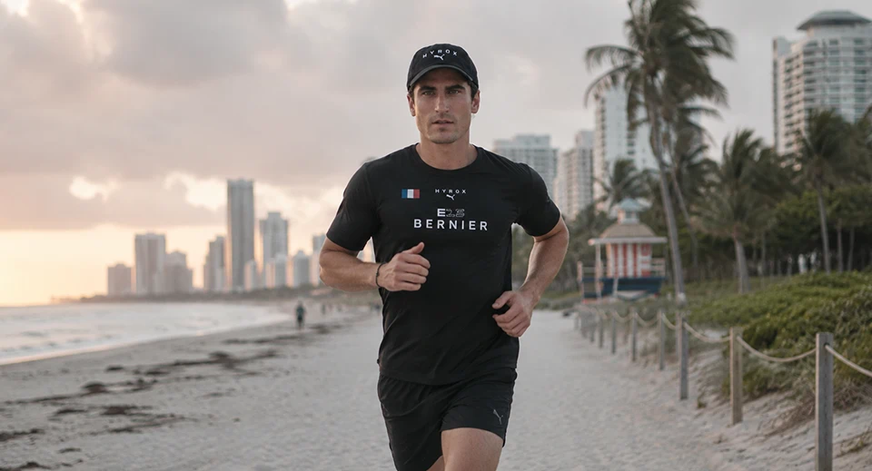 A'CLUB co-founder Alexis Bernier running on a Miami beach path with the skyline behind him