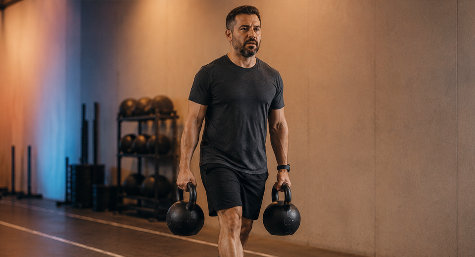 Middle-aged man doing a kettlebell farmers carry, showing HYROX training is open to all ages